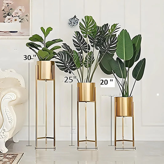 Modern Metal Floor Flower Stands Planter for Living Room Bedroom Display Plant Stand Tall Indoor Plant Stand with Planter Pot -Set of 3 golden