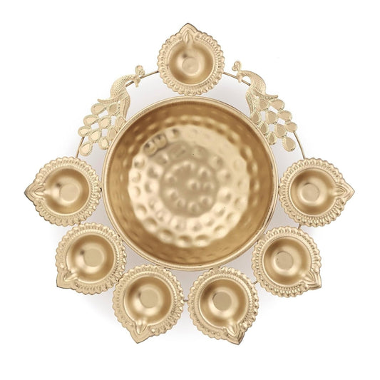 Peacock Urli Bowl for Diwali Decoration Items, Handcrafted Urli Metal Diya Bowl for Floating Flowers & Tea Light Candles, Diwali Gift Items for Pooja