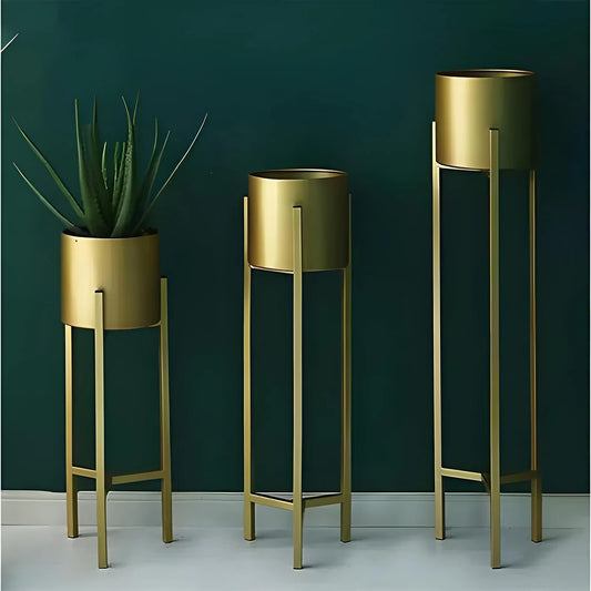 Modern Metal Floor Flower Stands Planter for Living Room Bedroom Display Plant Stand Tall Indoor Plant Stand with Planter Pot -Set of 3 golden