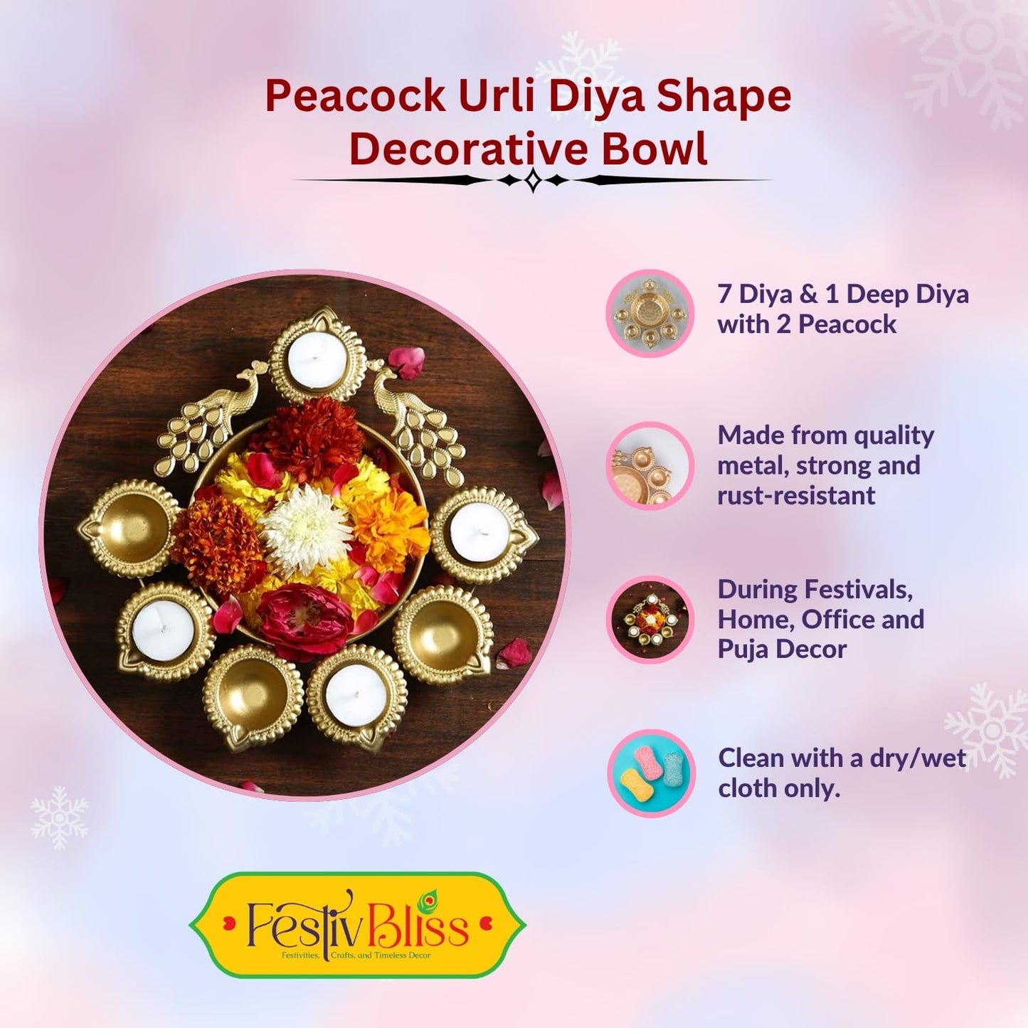 Peacock Urli Bowl for Diwali Decoration Items, Handcrafted Urli Metal Diya Bowl for Floating Flowers & Tea Light Candles, Diwali Gift Items for Pooja