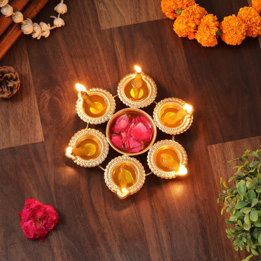 ome Decor Golden Metal Handcrafted Designer Diya Urli for Diwali Diyas Set-Traditional Decorative Bowl for Floating Flowers and Tea Light Candles, Diwali Urli (6 Diya Urli)
