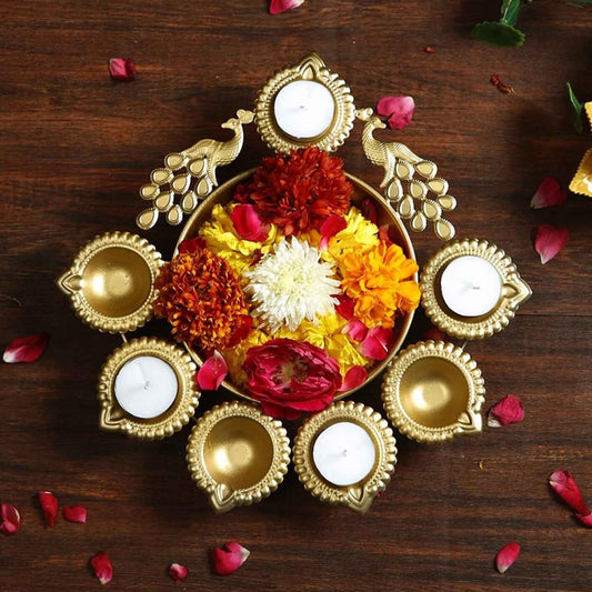 Peacock Urli Bowl for Diwali Decoration Items, Handcrafted Urli Metal Diya Bowl for Floating Flowers & Tea Light Candles, Diwali Gift Items for Pooja