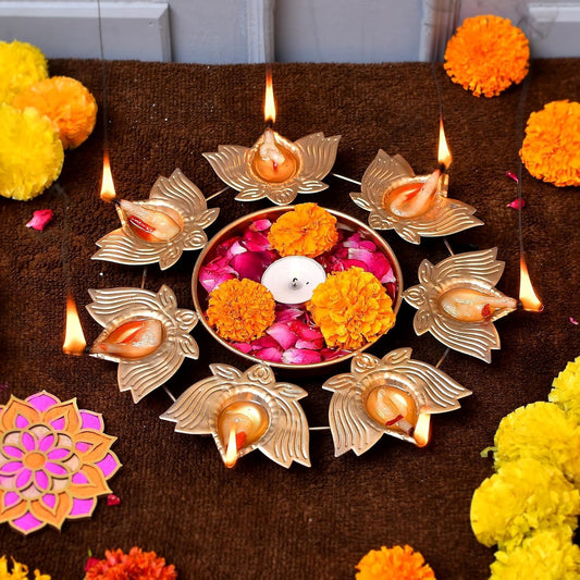 Lotus Shape Diya Flower Urli Handcrafted Bowl for Floating Flowers & Tea Light Candles Home Living Room Office & Table Decor Diwali Decoration Items Premium Metal Color Gold (10inch)