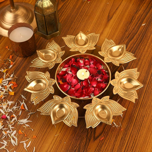 Lotus Shape Diya Flower Urli Handcrafted Bowl for Floating Flowers & Tea Light Candles Home Living Room Office & Table Decor Diwali Decoration Items Premium Metal Color Gold (10inch)